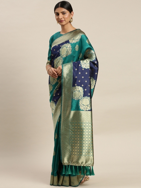 

Om Shantam Sarees Blue & Gold-Toned Poly Silk Woven Design Banarasi Saree