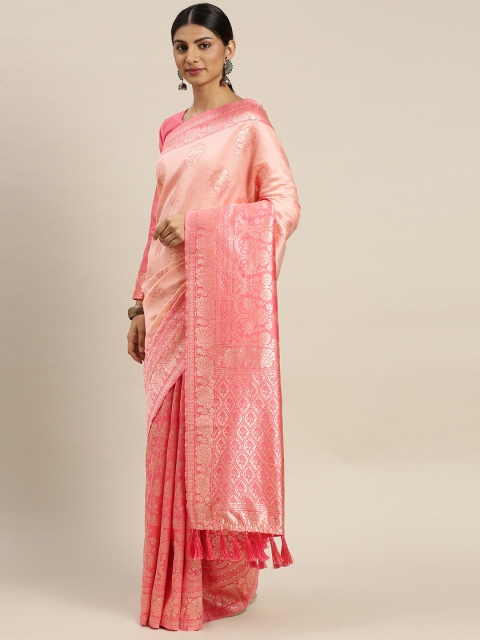 

Om Shantam Sarees Pink & Silver-Toned Woven Design Banarasi Saree