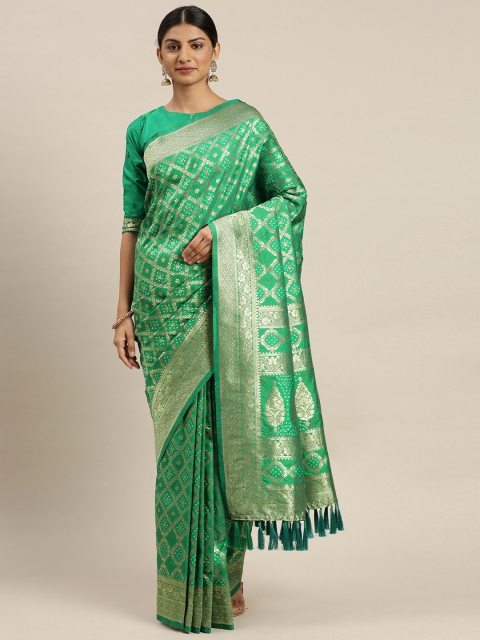 

Om Shantam Sarees Green & Gold-Toned Poly Silk Woven Design Kanjeevaram Saree