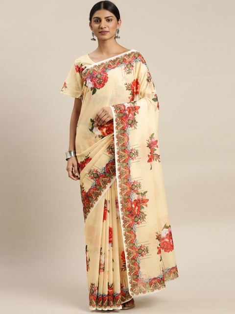 

Om Shantam Sarees Beige & Red Polycotton Printed Tussar Saree