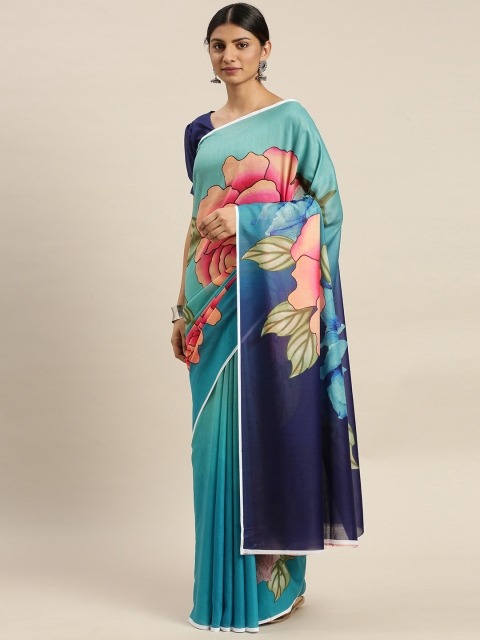 

Om Shantam Sarees Turquoise Blue & Peach-Coloured Polycotton Printed Tussar Saree