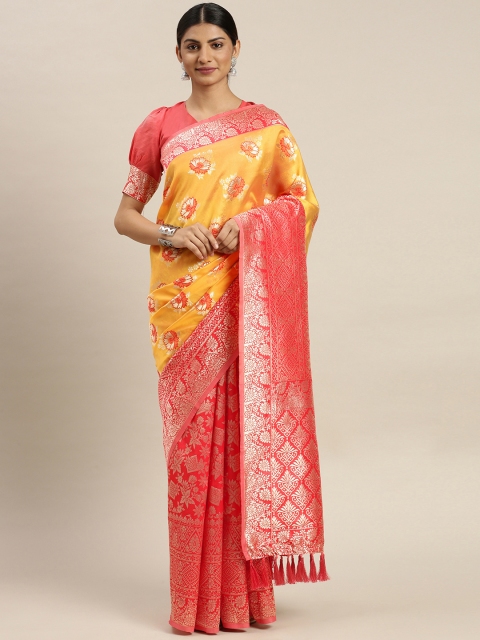 

Om Shantam Sarees Red & Yellow Poly Silk Woven Design Banarasi Saree
