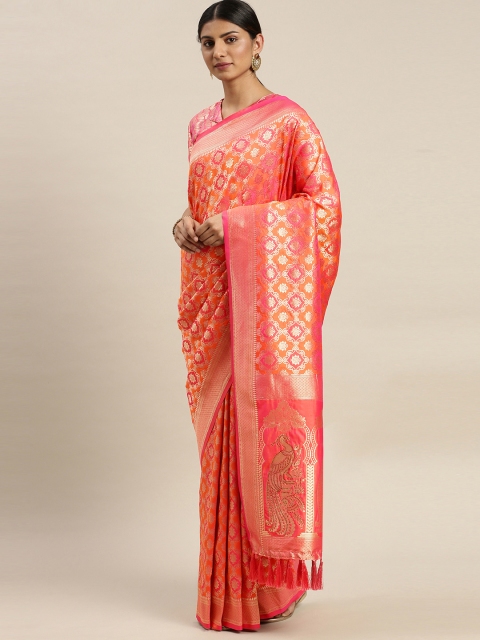

Om Shantam Sarees Pink & Gold-Toned Poly Silk Woven Design Kanjeevaram Saree