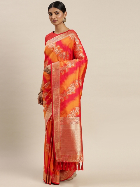 

Om Shantam Sarees Red & Mustard Poly Silk Woven Design Kanjeevaram Saree