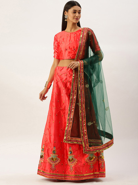 

Om Shantam Sarees Coral Pink Embellished Semi-Stitched Lehenga & Blouse with Dupatta