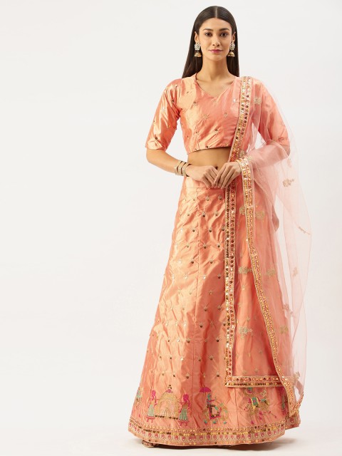 

Om Shantam Sarees Peach-Coloured & Gold-Toned Embroidered Semi-Stitched Lehenga & Blouse with Dupatta