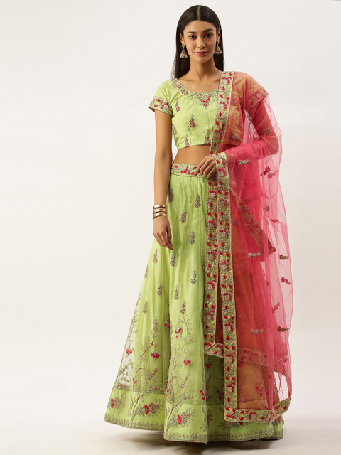 

Om Shantam Sarees Olive Green & Pink Embroidered Semi-Stitched Lehenga & Blouse with Dupatta