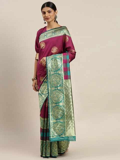 

Om Shantam Sarees Magenta & Gold-Toned Woven Design Banarasi Saree