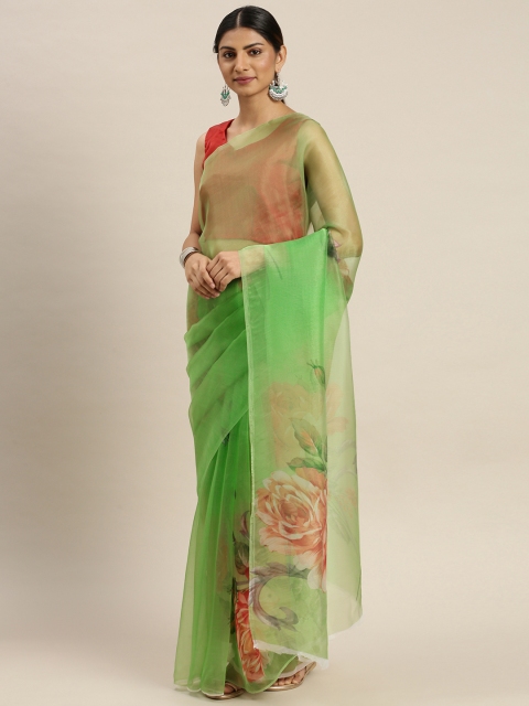 

Om Shantam Sarees Green & Red Organza Floral Printed Saree