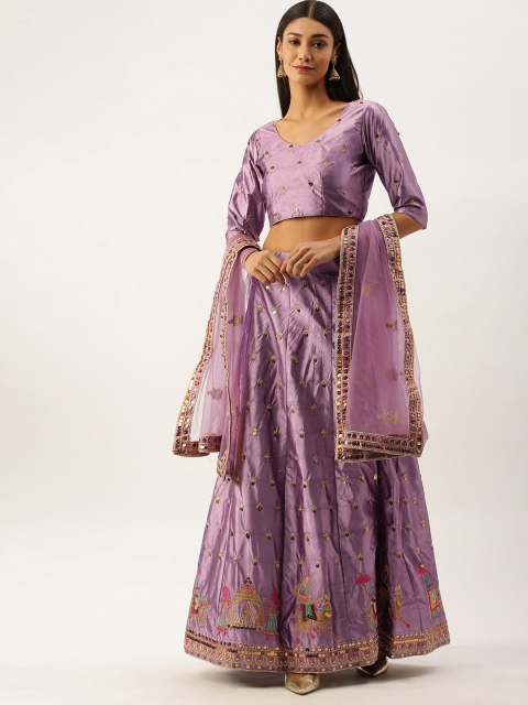 

Om Shantam Sarees Purple Embroidered Semi-Stitched Lehenga & Blouse with Dupatta