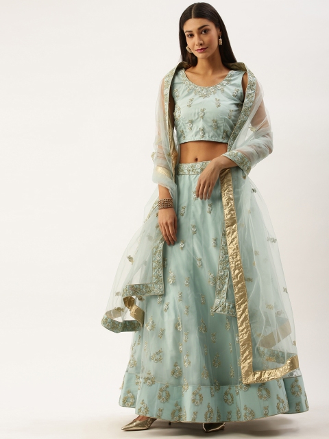 

Om Shantam Sarees Grey Embroidered Semi-Stitched Lehenga & Blouse with Dupatta, Sea green