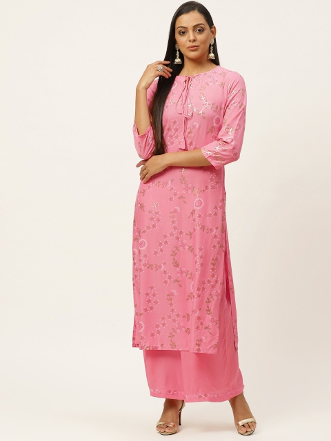 

Laabha Women Pink & Golden Floral Printed Kurta with Palazzos