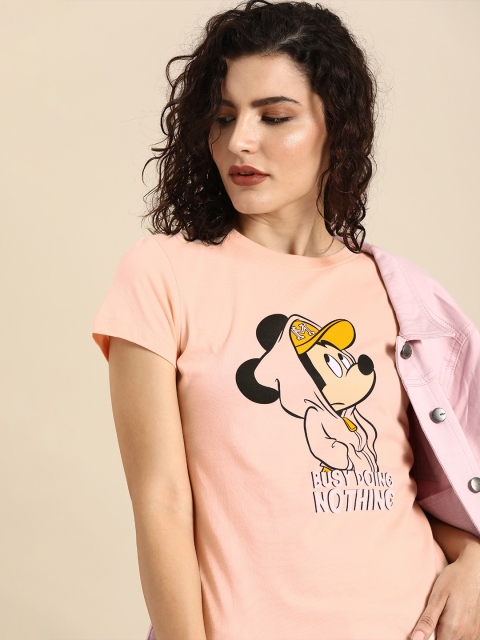 

Bewakoof Women Pink Busy Doin Nothing Printed Round Neck Pure Cotton T-shirt