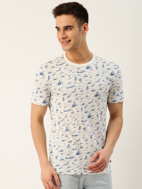 

United Colors of Benetton Men Off-White & Blue Printed Round Neck T-shirt