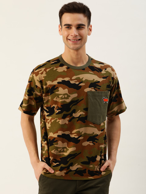 

United Colors of Benetton Men Olive Green & Beige Printed Round Neck T-shirt