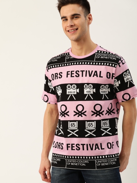 

United Colors of Benetton Men Pink & Black Brand Logo Printed Round Neck T-shirt