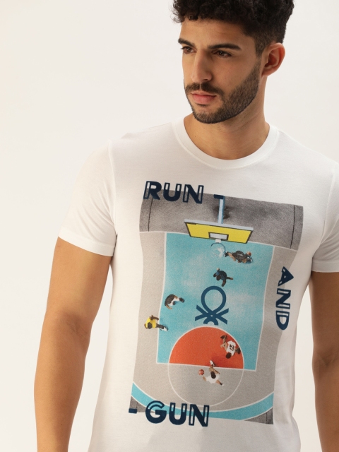 

United Colors of Benetton Men White Printed Pure Cotton T-shirt