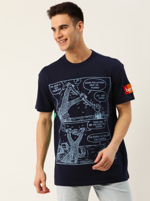 

United Colors of Benetton Men Navy Blue Pure Cotton Printed Round Neck T-shirt