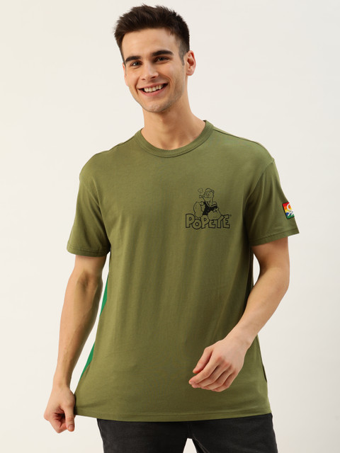 

United Colors of Benetton Men Olive Green Popeye Print Cotton Round Neck T-shirt