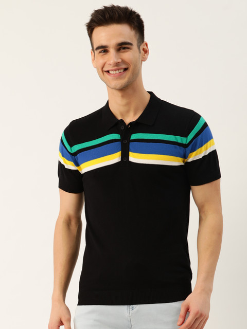 

United Colors of Benetton Men Black Reverse Striped Round Neck T-shirt