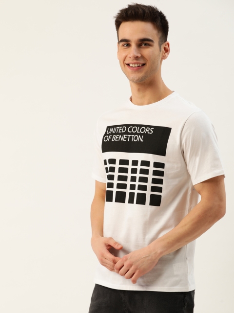 

United Colors of Benetton Men White & Black Brand Logo Print Round Neck T-shirt
