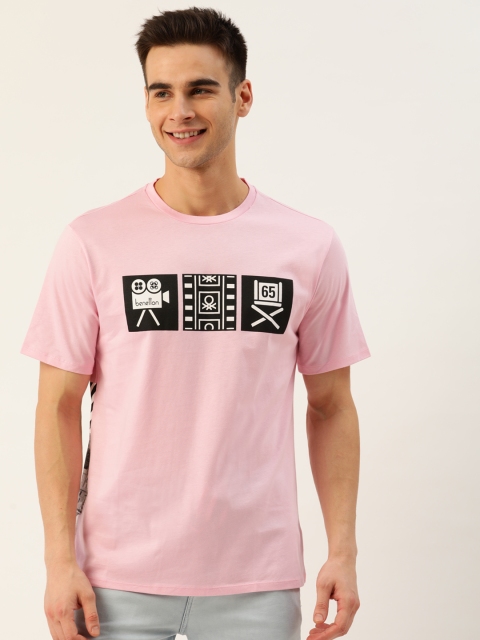 

United Colors of Benetton Men Pink & Black Printed Round Neck T-shirt