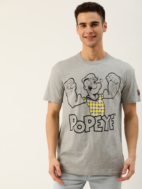 

United Colors of Benetton Men Grey Melange & Black Popeye Printed Round Neck T-shirt