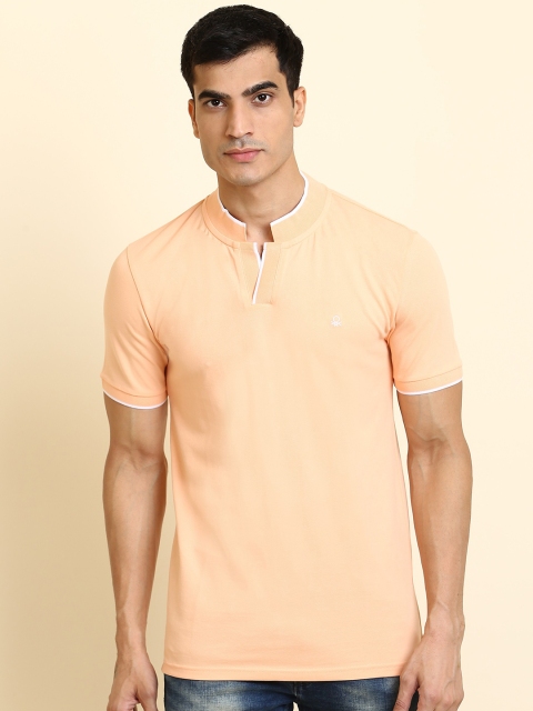 

United Colors of Benetton Men Peach-Coloured Mandarin Collar T-shirt