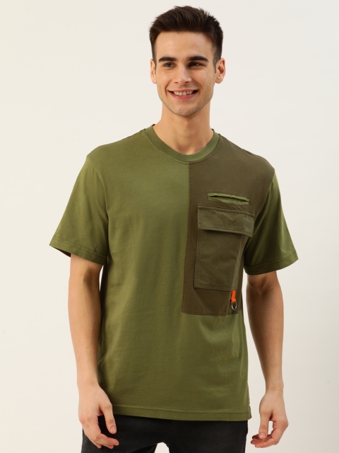 

United Colors of Benetton Men Olive Green & Brown Colourblocked Round Neck T-shirt