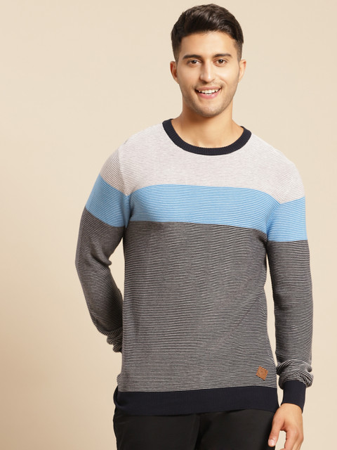 

United Colors of Benetton Men Navy Blue & Grey Melange Pure Cotton Colourblocked Pullover