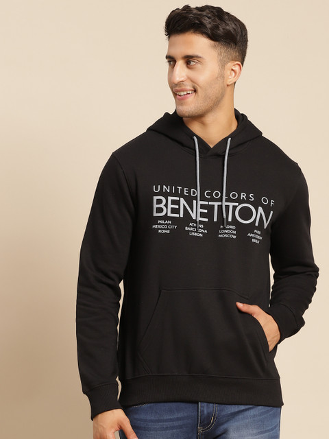 

United Colors of Benetton Men Black & Grey Printed Hooded Sweatshirt