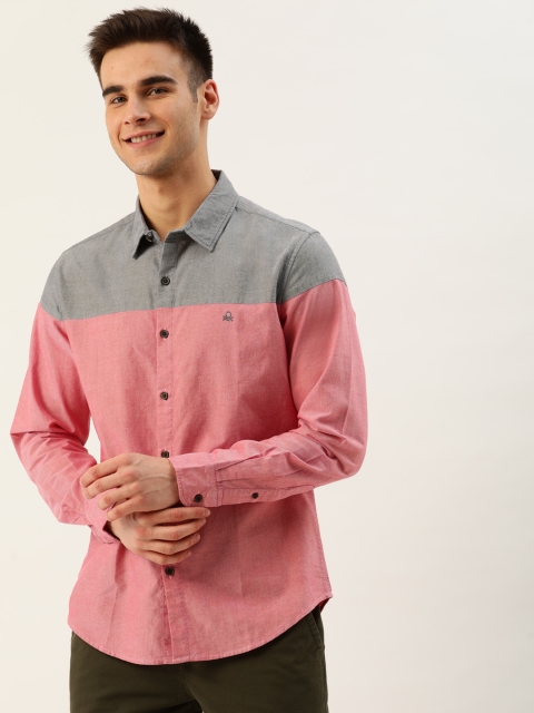 

United Colors of Benetton Men Pink & Grey Slim Fit Colourblocked Casual Shirt