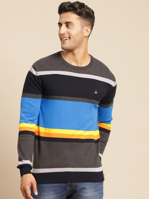 

United Colors of Benetton Men Charcoal & Navy Blue Pure Cotton Striped Pullover