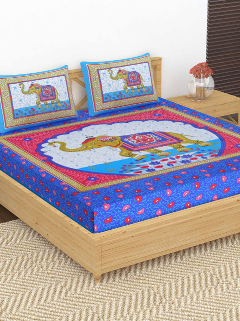 

METRO LIVING Blue & White Ethnic Motifs 104 TC Cotton 1 Queen Bedsheet with 2 Pillow Covers
