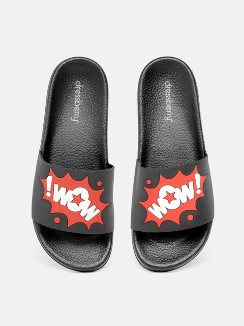 

DressBerry Women Black & Red Typography Embossed Sliders