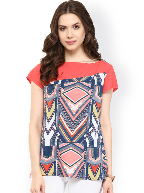 

Pannkh Coral Pink Printed Polyester Top