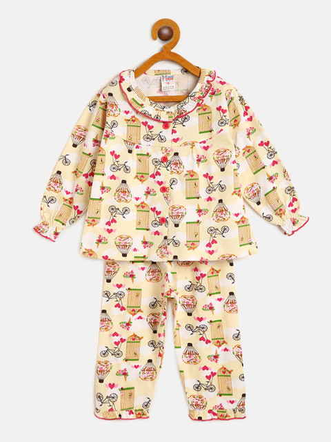 

NAUTI KIDZ Girls Beige & Green Pure Cotton Printed Night Suit