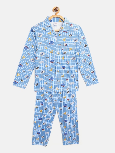 

NAUTI KIDZ Boys Blue & White Checked Pure Cotton Night suit