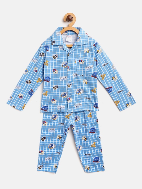 

NAUTI KIDZ Boys Blue & White Checks with Print Pure Cotton Night suit