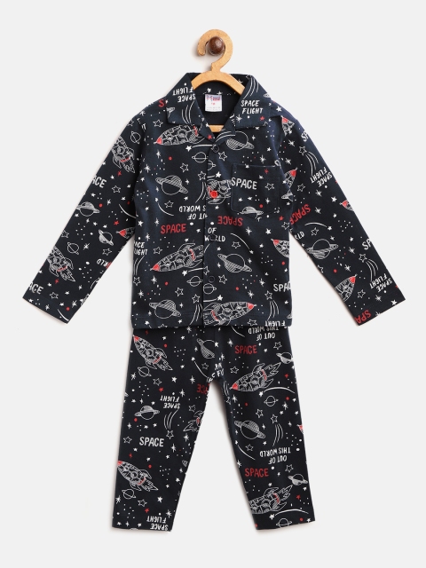 

NAUTI KIDZ Boys Navy Blue & White Space Print Pure Cotton Night suit