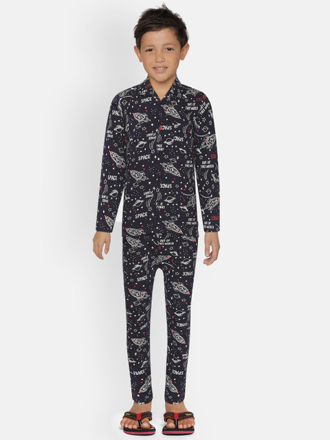 

NAUTI KIDZ Boys Navy Blue & White Space Print Pure Cotton Night suit