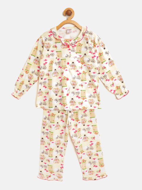 

NAUTI KIDZ Girls Cream-Coloured & Pink Conversational Print Pure Cotton Night suit