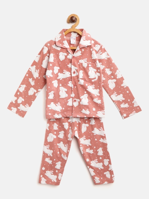 

NAUTI KIDZ Boys Peach-Coloured & White Rabbit Print Pure Cotton Night suit