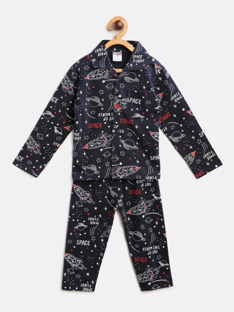 

NAUTI KIDZ Boys Navy Blue & White Space Print Pure Cotton Night suit