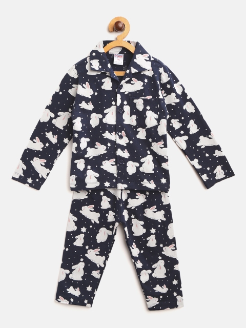 

NAUTI KIDZ Boys Navy Blue & White Rabbit Print Pure Cotton Night suit