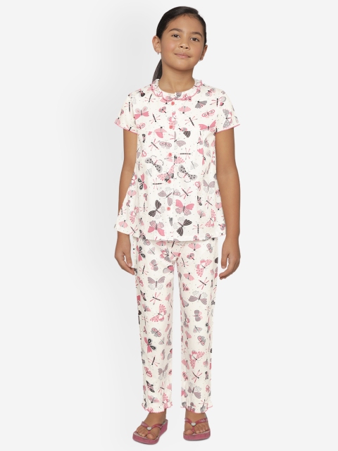 

NAUTI KIDZ Girls White & Pink Pure Cotton Butterfly Printed Night Suit