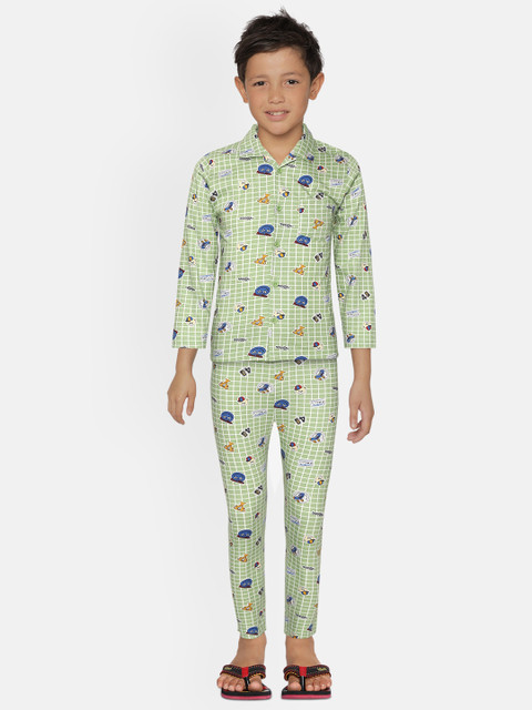 

NAUTI KIDZ Boys Mint Green & White Checks with Print Pure Cotton Night suit