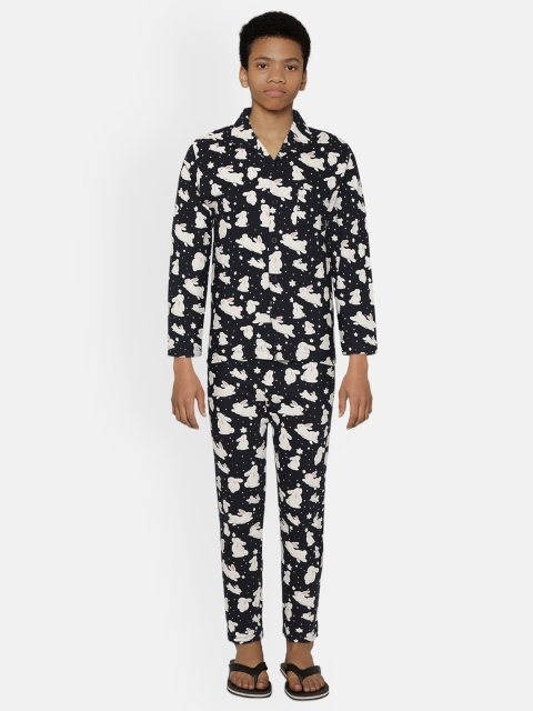 

NAUTI KIDZ Boys Navy Blue & White Rabbit Print Pure Cotton Night suit