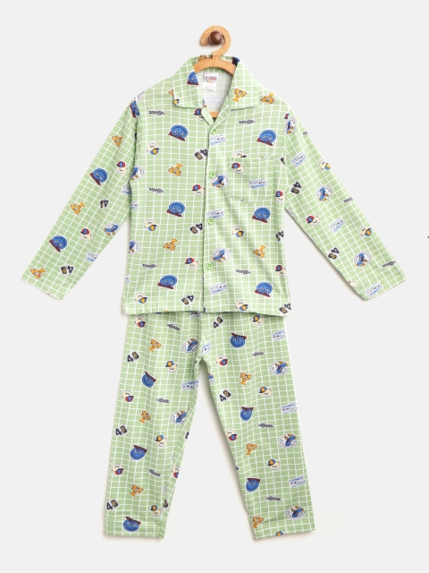 

NAUTI KIDZ Boys Mint Green & White Checks with Print Pure Cotton Night suit