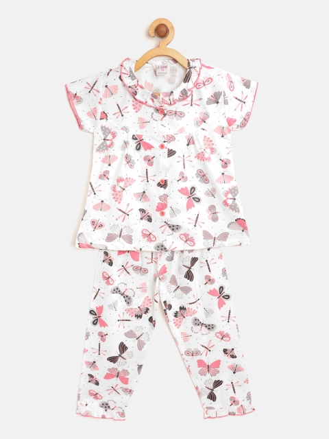 

NAUTI KIDZ Girls White & Pink Pure Cotton Butterfly Printed Night Suit